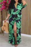 Street Print Patchwork Buttons High Opening Turndown Collar Long Dresses