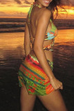 Street Print Bandage Hollowed Out Patchwork Halter Sleeveless Two Pieces