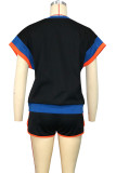 Casual Patchwork Contrast O Neck Short Sleeve Two Pieces