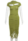Street Solid Hollowed Out Patchwork O Neck Long Dresses