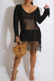 Casual Solid Tassel See-through V Neck Dresses