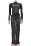 Sexy Tassel Patchwork Backless Slit Hot Drill Zipper Turtleneck Long Dresses