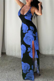 Sexy Casual Print Backless Slit Spaghetti Strap Long Dresses