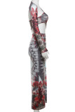 Elegant Print Hollowed Out Patchwork High Opening Asymmetrical Collar Long Dresses