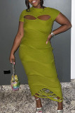 Street Solid Hollowed Out Patchwork O Neck Long Dresses