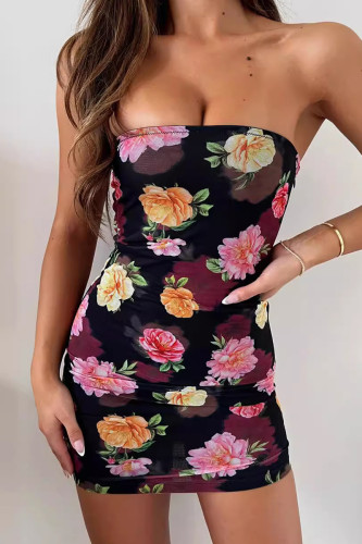 Sexy Print Patchwork Backless Strapless Wrapped Skirt Dresses