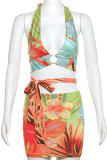 Street Print Bandage Hollowed Out Patchwork Halter Sleeveless Two Pieces
