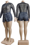 Elegant Print Patchwork O Neck Plus Size Two Pieces