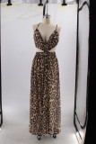 Celebrities Leopard Bandage Hollowed Out Patchwork Backless Slit Spaghetti Strap Sling Dresses