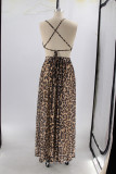 Celebrities Leopard Bandage Hollowed Out Patchwork Backless Slit Spaghetti Strap Sling Dresses