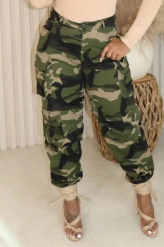 Casual Camouflage Print Patchwork Pocket Regular High Waist Conventional Full Print Trousers