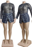 Elegant Print Patchwork O Neck Plus Size Two Pieces