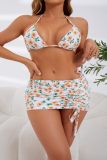 Sexy Print Bandage Backless Swimsuit Three Piece Set (With Paddings)