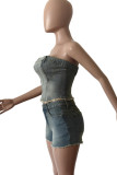 Street Solid Make Old Patchwork Buttons Zipper Strapless Sleeveless Two Pieces