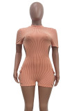 Casual Solid Patchwork Pocket Backless O Neck Skinny Rompers