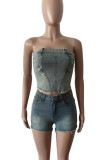 Street Solid Make Old Patchwork Buttons Zipper Strapless Sleeveless Two Pieces