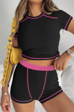 Street Patchwork Contrast O Neck Short Sleeve Two Pieces