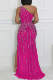 Sexy Patchwork Backless High Opening Hot Drill Oblique Collar Long Dresses