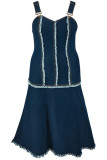 Elegant Tassel Patchwork Backless Contrast Asymmetrical Collar A Line Plus Size Dresses