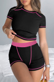 Street Patchwork Contrast O Neck Short Sleeve Two Pieces
