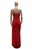 Sexy Solid See-through Backless Slit Spaghetti Strap Long Dresses