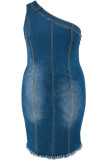 Street Solid Patchwork Oblique Collar Wrapped Skirt Plus Size Dresses