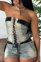 Vintage Patchwork Cross Straps Strapless Sleeveless Two Pieces