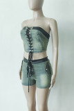 Vintage Patchwork Cross Straps Strapless Sleeveless Two Pieces