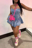 Sexy Solid Patchwork Backless Zipper Strapless Sleeveless Boot Cut Denim Dresses