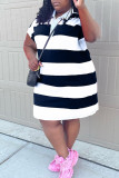 Casual Striped Print Patchwork Turndown Collar Short Sleeve Plus Size Dresses