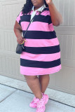 Casual Striped Print Patchwork Turndown Collar Short Sleeve Plus Size Dresses