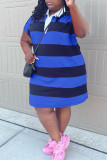 Casual Striped Print Patchwork Turndown Collar Short Sleeve Plus Size Dresses