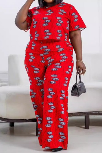 Casual Print Basic O Neck Plus Size Two Pieces