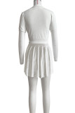 Sweet Solid Patchwork Buckle Pleated Turndown Collar Short Sleeve Two Pieces