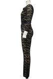 Sexy Lace Patchwork Buckle See-through Contrast Turndown Collar Skinny Jumpsuits