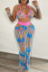 Street Print Hollowed Out Patchwork Halter Sleeveless Two Pieces