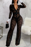Sexy Lace Patchwork Buckle See-through Contrast Turndown Collar Skinny Jumpsuits