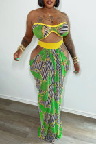 Sexy Print Hollowed Out Patchwork Strapless Sleeveless Two Pieces
