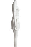Sweet Solid Patchwork Buckle Pleated Turndown Collar Short Sleeve Two Pieces