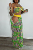 Sexy Print Hollowed Out Patchwork Strapless Sleeveless Two Pieces