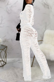 Sexy Lace Patchwork Buckle See-through Contrast Turndown Collar Skinny Jumpsuits