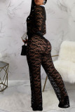 Sexy Lace Patchwork Buckle See-through Contrast Turndown Collar Skinny Jumpsuits