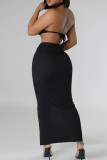 Casual Solid Bandage Patchwork Backless Slit Turtleneck Sleeveless Two Pieces