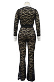 Sexy Lace Patchwork Buckle See-through Contrast Turndown Collar Skinny Jumpsuits