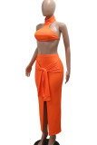 Casual Solid Bandage Patchwork Backless Slit Turtleneck Sleeveless Two Pieces