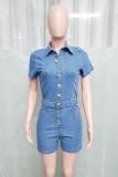 Street Solid Patchwork Pocket Buckle Turndown Collar Regular Rompers