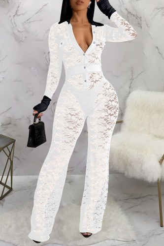 Sexy Lace Patchwork Buckle See-through Contrast Turndown Collar Skinny Jumpsuits