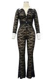 Sexy Lace Patchwork Buckle See-through Contrast Turndown Collar Skinny Jumpsuits