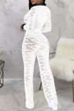 Sexy Lace Patchwork Buckle See-through Contrast Turndown Collar Skinny Jumpsuits