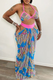 Street Print Hollowed Out Patchwork Halter Sleeveless Two Pieces